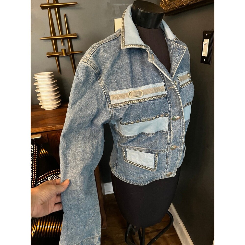 Vintage 90’s Y2K Cache’ by Isabella Sole Denim Leather Patchwork Studs Jacket M - Picture 6 of 9